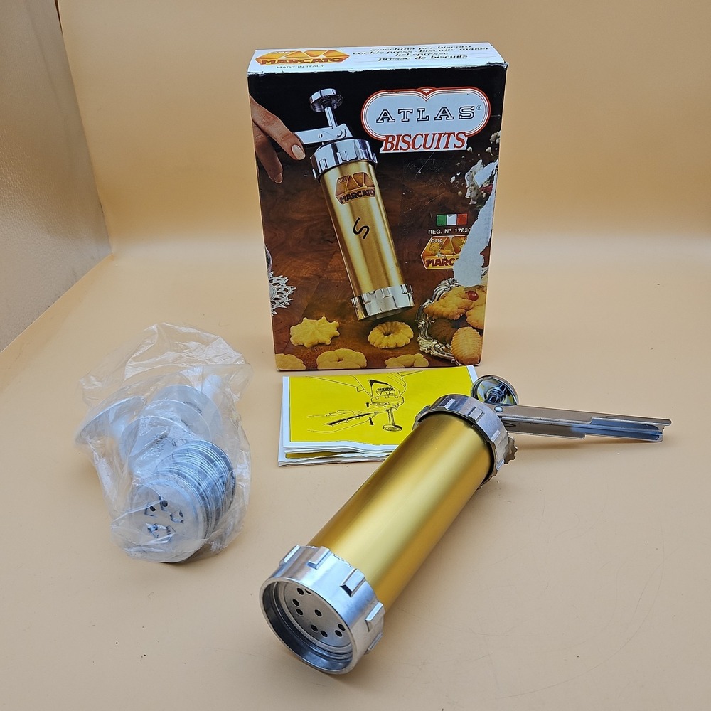 VTG Marcato Atlas Biscuits Maker Cookie Press Italy 20 Discs 4 Tips Complete Box